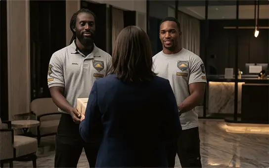 Lavres guards greeting a visitor in a lobby